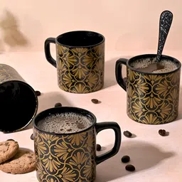 Storepedia Gold-Toned And Black 4 Pieces Textured Ceramic Matte Mugs-46