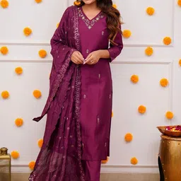 KALINI V-Neck Floral Embroidered Thread Work Chanderi Silk Kurta with Trouser & Dupatta-image-59