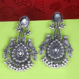 Sangria Silver-Plated Kundan-Studded Oxidised Drop Earrings-18