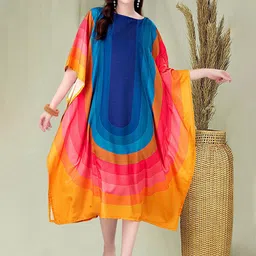 Exotic India Women Batwing Rainbow Printed Rayon Round Neck Midi Kaftan-picture-30