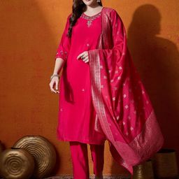 Sangria Floral Embroidered Kurta With Trousers And Dupatta-13