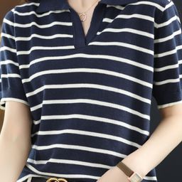 HERE&NOW Women Striped Shirt Collar Short Sleeves Top-picture-52