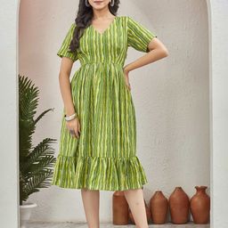 Chandbaali Women Striped V-Neck Cotton Fit & Flare Dress-image-95