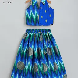 Hopscotch Girls Blue Halter Neck Ikat Print Sleeveless Lehenga Choli Set-picture-17