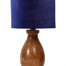Devansh Blue & Brown Textured Wooden Cylindrical Shaped Table Lamp-19