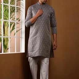 MULTI SHADES Men Geometric Printed Thread Work Pastels Kurta-96