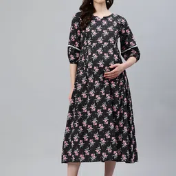 Swishchick Women Puff Sleeves Ethnic Motifs Print Maternity Fit and Flare Midi Dress-image-12