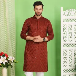 Sydney Heights Men Ethnic Motifs Embroidered Sequinned Pastels Jacquard Kurta-image-33