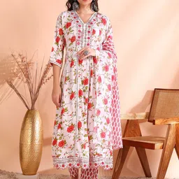 Ode by House of Pataudi Thread Work Pure Cotton Anarkali Kurta with Trousers & Dupatta-49