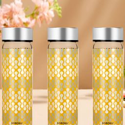 BOROSIL Artisan Transparent & Silver-Toned 3 Pieces Glass Printed Water Bottle 550 ml-3