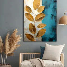 999Store Gold Toned & Beige Leaf Printed Canvas Wall Art-image-99