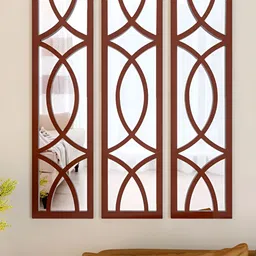 Homscape 3-Pcs Brown Rectangle Shaped wooded WallMirrorDecor-54