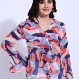Fashfun Women Print Bell Sleeve Ruffles Chiffon Top-23