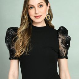 IUGA Embroidered Embellished Puff Sleeve Fitted Top-image-23