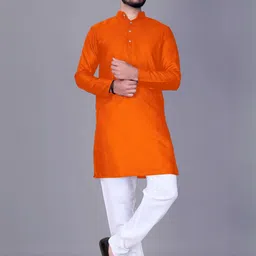 Men Solid, Colorblock, Self Design Straight Kurta (Orange)-picture-11