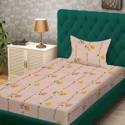 KLOTTHE Peach-Coloured Floral Breathable 300 TC Single Bedsheet with 1 Pillow Covers-image-91
