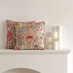 Clasiko Cream-Coloured & Blue Set of 2 Floral Square Cushion Covers-3
