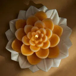 MAATIR DESIGNS Orange & White Scented Lotus Candle with Marble Lotus Plate-3