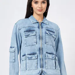 SF JEANS by Pantaloons Women Washed Crop Denim Jacket with Patchwork-image-5
