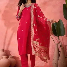 Sangria Women Floral Embroidered Kurta with Trousers & Dupatta-30
