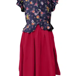SILK SPARROW Girls Floral Printed Band Collar Top With Skirt-image-8