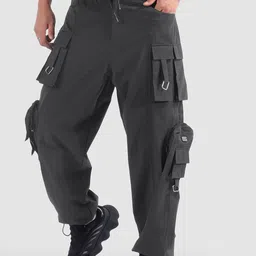 Beyoung Men Dark Grey Original Baggy Wrinkle Free Buckle Cargo Pants-image-96