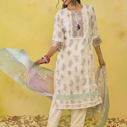 Indo Era Women Floral Printed Regular Thread Work Pure Cotton Kurta with Trousers & With Dupatta-18