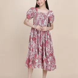 PaheliRani Women Floral Puff Sleeve Crepe Smocked Fit & Flare Midi Dress-57