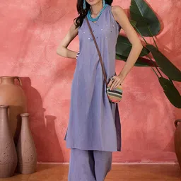Sangria Yoke Design V-Neck Sleeveless Mirror Work Pure Cotton Straight Kurta With Palazzo-picture-33