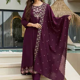 Navlik Floral Embroidered Thread Work A-Line Kurta With Trousers And Dupatta-picture-41