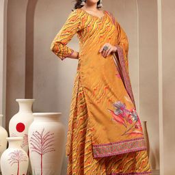 Sangria Floral Printed Notch Neck Mirror Work Straight Kurta With Palazzos & Dupatta-picture-10