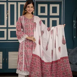 Subh LAXMI Women Floral Printed Regular Pure Cotton Kurta with Trousers & With Dupatta-image-1