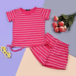 V-Mart Girls Striped Round Neck T-shirt with Shorts-image-74