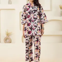 Moda Rapido Printed Mandarin Collar Pure Cotton Tunic With Trouser-image-52