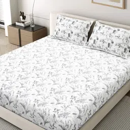 EverHOME Oasis Grey And White Floral 210 TC King Bedsheet Set-2.74 m x 2.74 m-image-1
