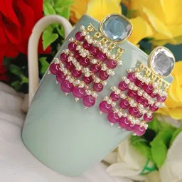 DIVASTRI Gold-Plated Stones Studded And Beaded Oval Shape Drop Earrings-image-51