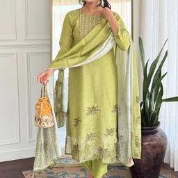 URMIR FASHION Women Ethnic Motifs Embroidered Regular Thread Work Kurta with Trousers & With Dupatta-picture-0