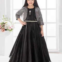 Tiny Kingdom Girls Solid Embellished Round Neck Satin Dress with Jacket-picture-30