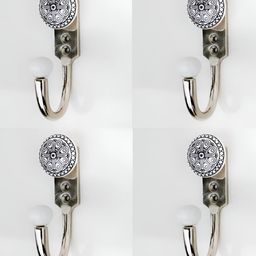 IndianShelf Black & White 4 Piece Floral Printed Ceramic & Zinc Wall Hooks-36