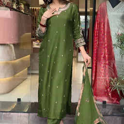 VAAZI CREATOR Sequinned Embroidered V-Neck Art Silk Straight Kurta with Trousers & Dupatta-17