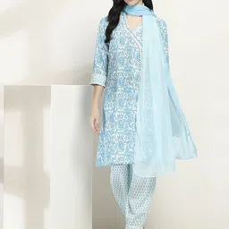 Rangriti Floral Printed Pure Cotton V-Neck Thread Work Kurta With Dhoti Pants & Dupatta-picture-8