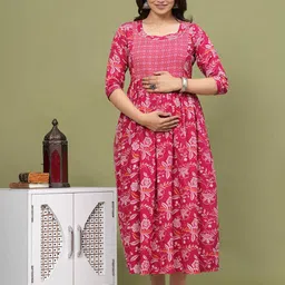 BAESD Floral Printed Maternity Cotton Fit & Flare Midi Dress-image-10