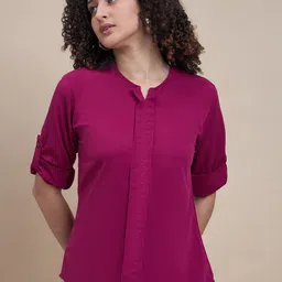 R.Code by The Roadster Life Co. Tie-Up Neck Roll-Up Sleeves Crepe Top-image-1