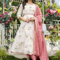 Moda Rapido Women Printed Cotton Anarkali Kurta with Trousers & With Dupatta-picture-11