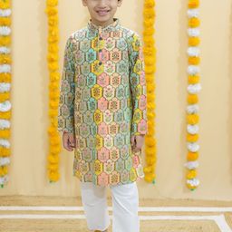 FREE BIRDS Boys Ethnic Motif Printed Pure Cotton Straight Kurta & Payjama Set-image-52