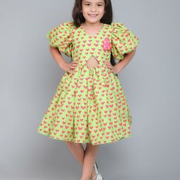 Pink Chick Print Puff Sleeve Fit & Flare Dress-image-89
