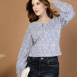 RAASSIO Women Floral Printed Keyhole Neck Puff Sleeve Cotton Top-picture-20