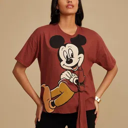 Kazo Women Mickey Mouse Graphic Printed Round Neck Cotton Boxy T-shirt-image-28