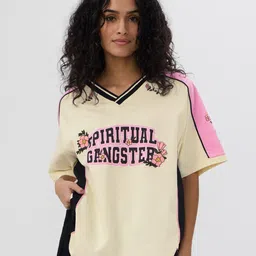 The Souled Store Women Cotton Half Sleeves Oversized Typography Printed V-Neck T-shirt-picture-1