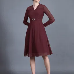 Miss Chase Women Red V-Neck Full Sleeve Solid Fit & Flare Midi Dress-picture-12